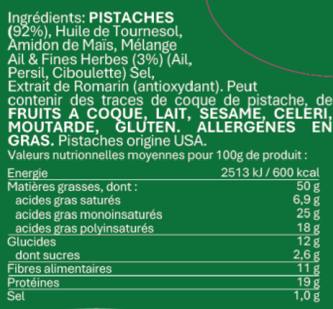 Pistaches Décortiquées Grillées à l'Ail et aux Fines Herbes 1x 80g