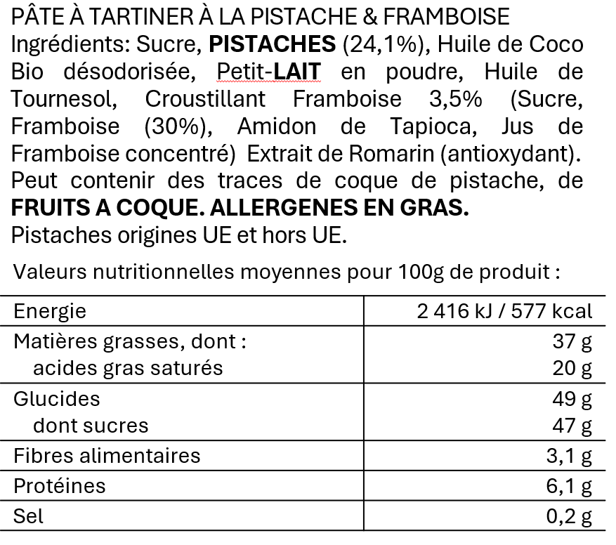 Pâte à tartiner Crème de Pistache au Croustillant de Framboise 1kg